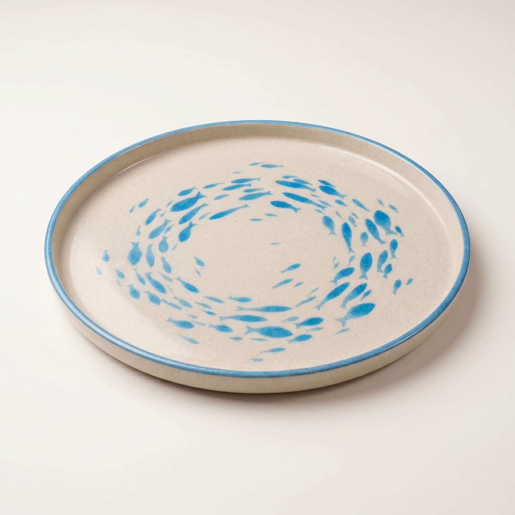 Plato decorativo artesanal con banco de peces visto en ángulo