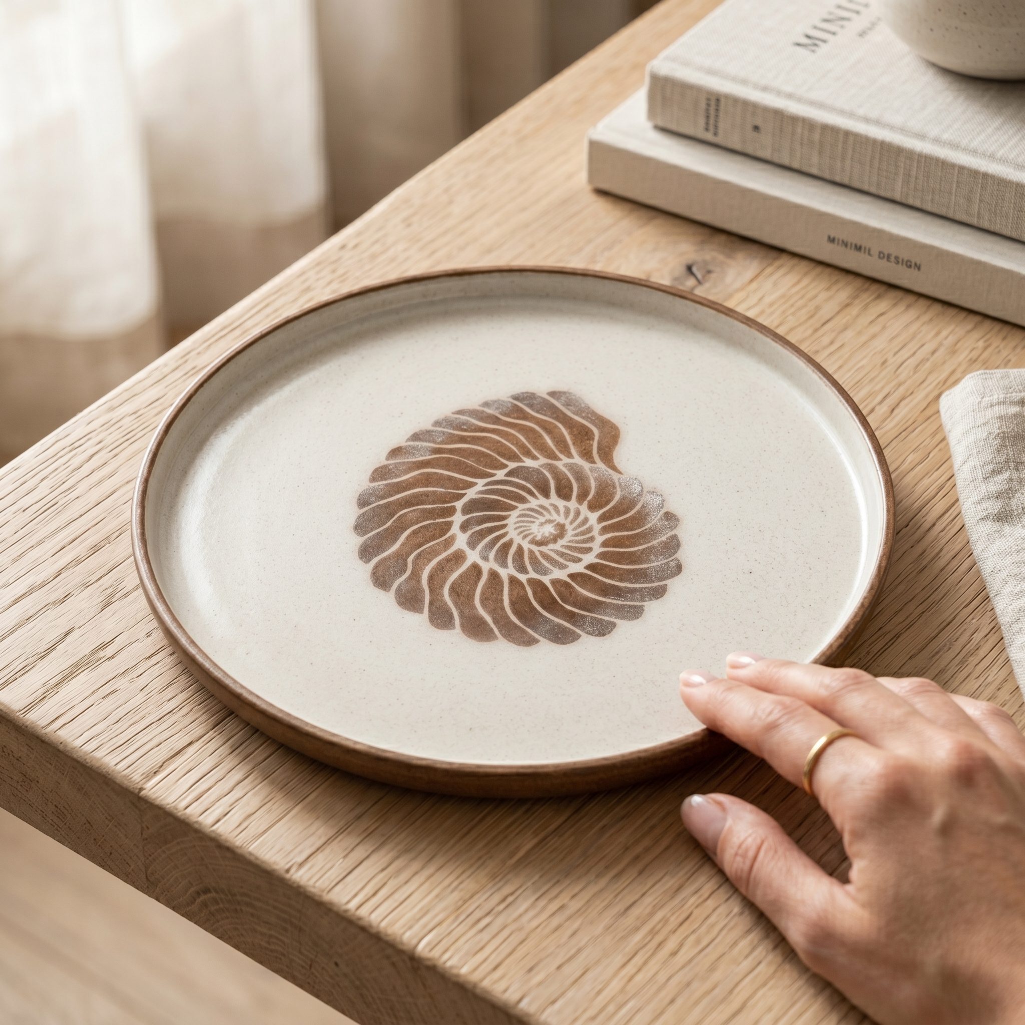 Plato decorativo con caracola pintada a mano en ambiente interior
