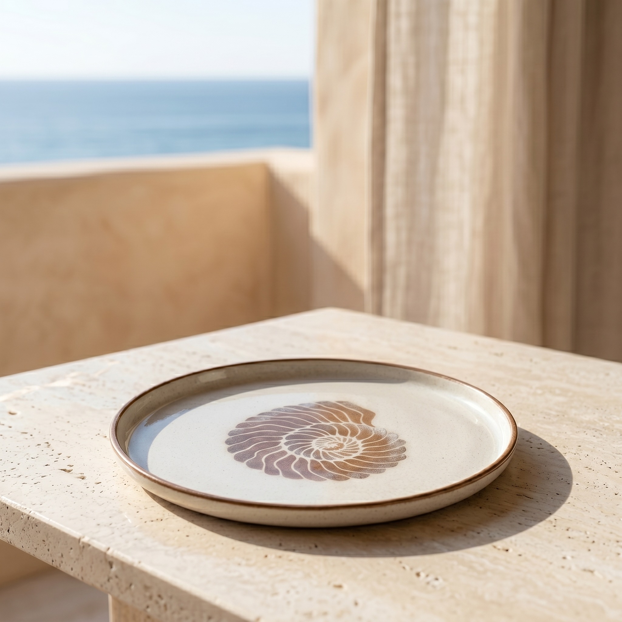 Plato decorativo con caracola pintada a mano sobre mesa de jardín