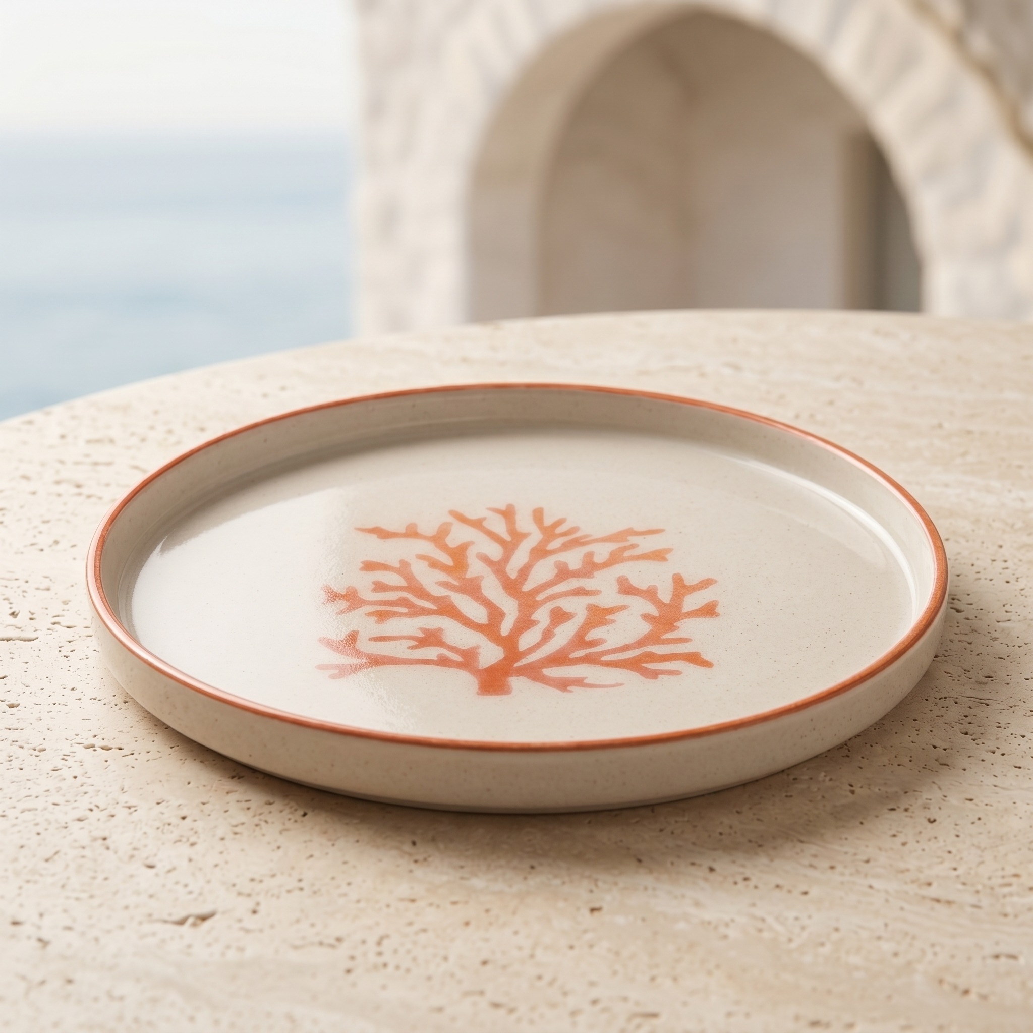 Plato decorativo de coral en ambiente mediterráneo luminoso