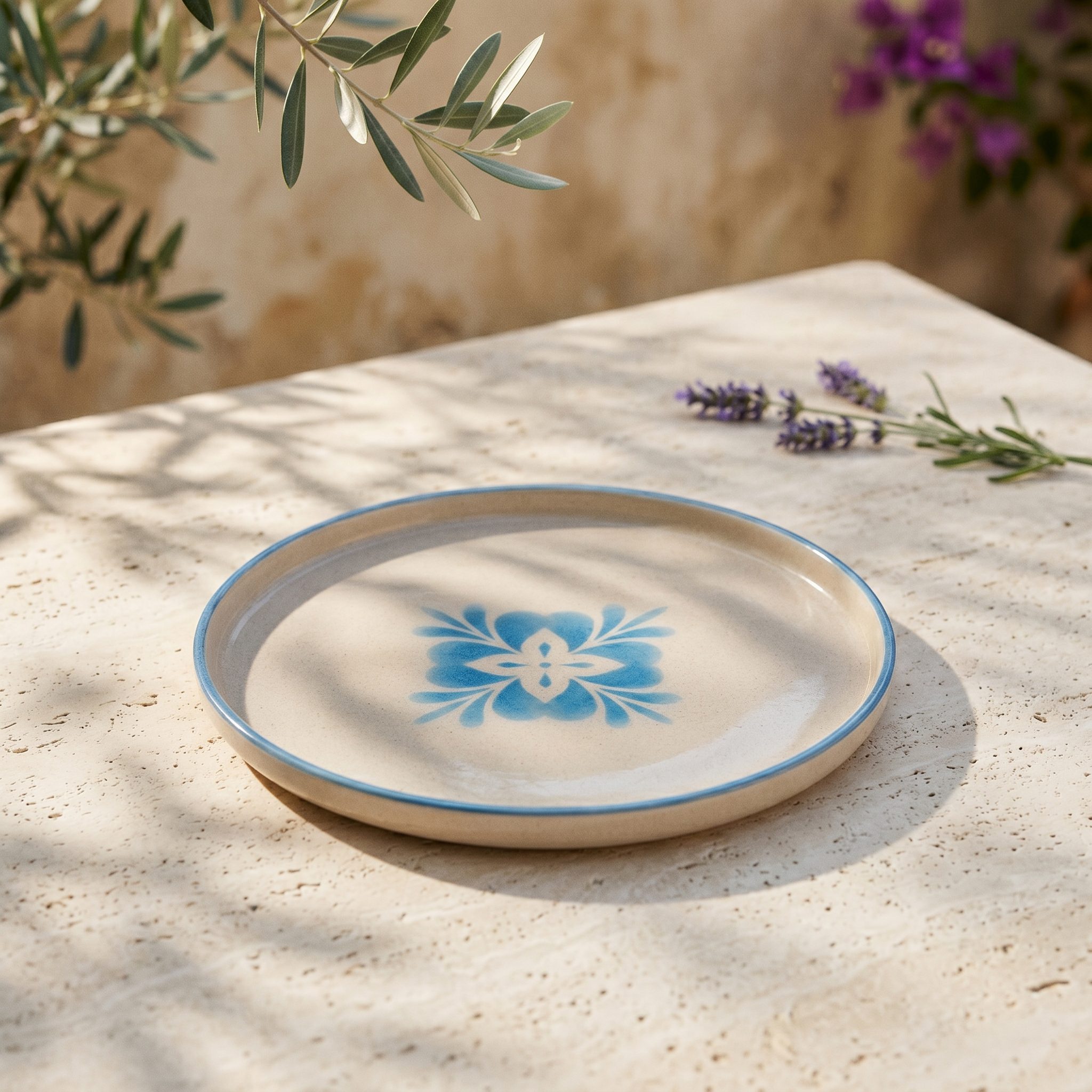 Plato decorativo floral azul en ambiente exterior mediterráneo