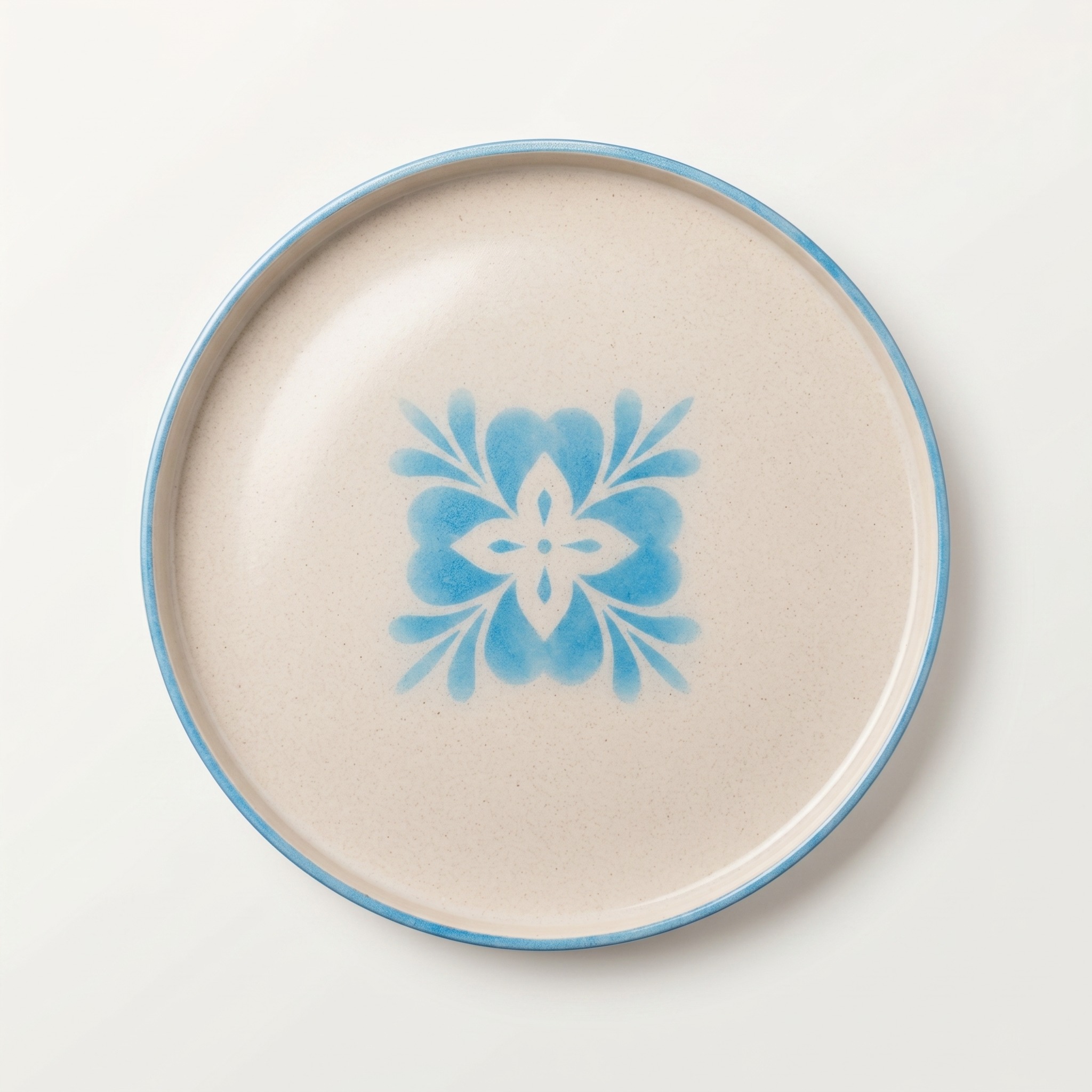 Plato decorativo floral azul sobre base mineral tono arena