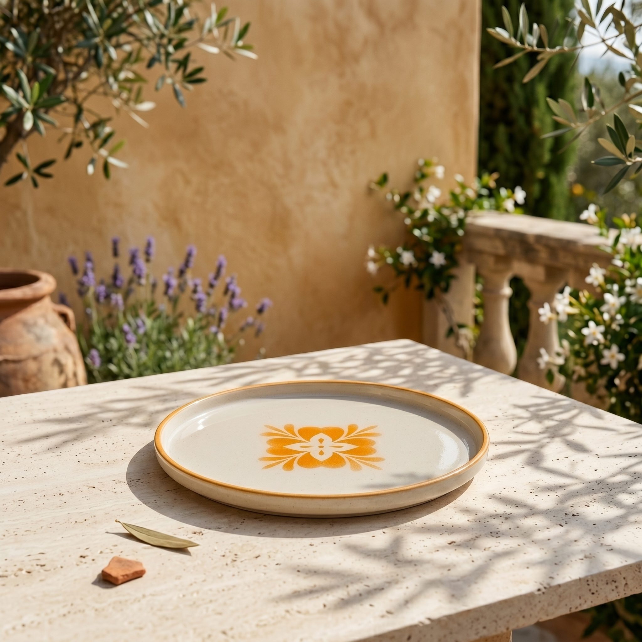 Plato decorativo floral naranja en ambiente exterior mediterráneo