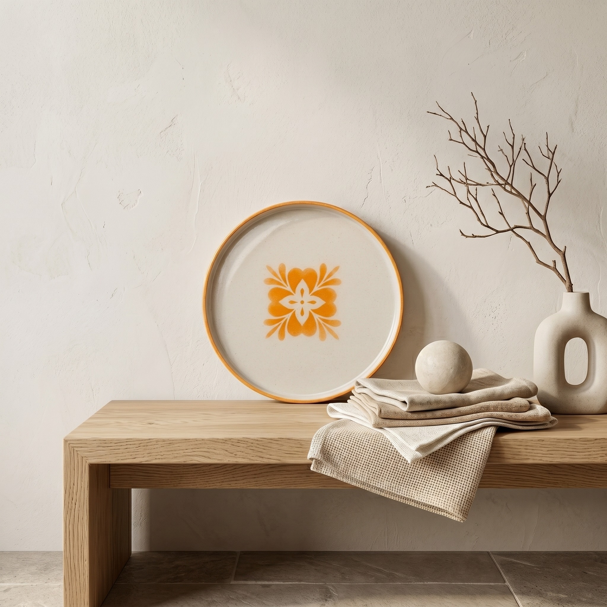 Plato decorativo floral naranja presentado en ambiente interior