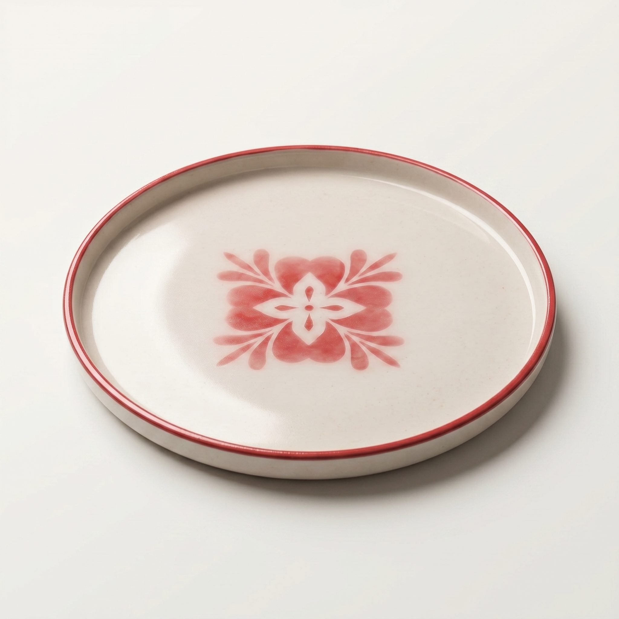 Plato decorativo artesanal con motivo floral rojo visto en ángulo